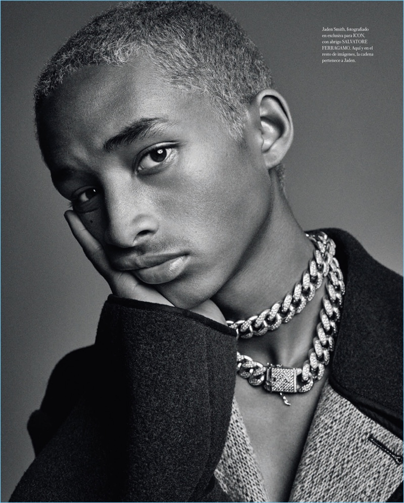 Connecting with Icon El País, Jaden Smith wears a Salvatore Ferragamo coat with his own jewelry.