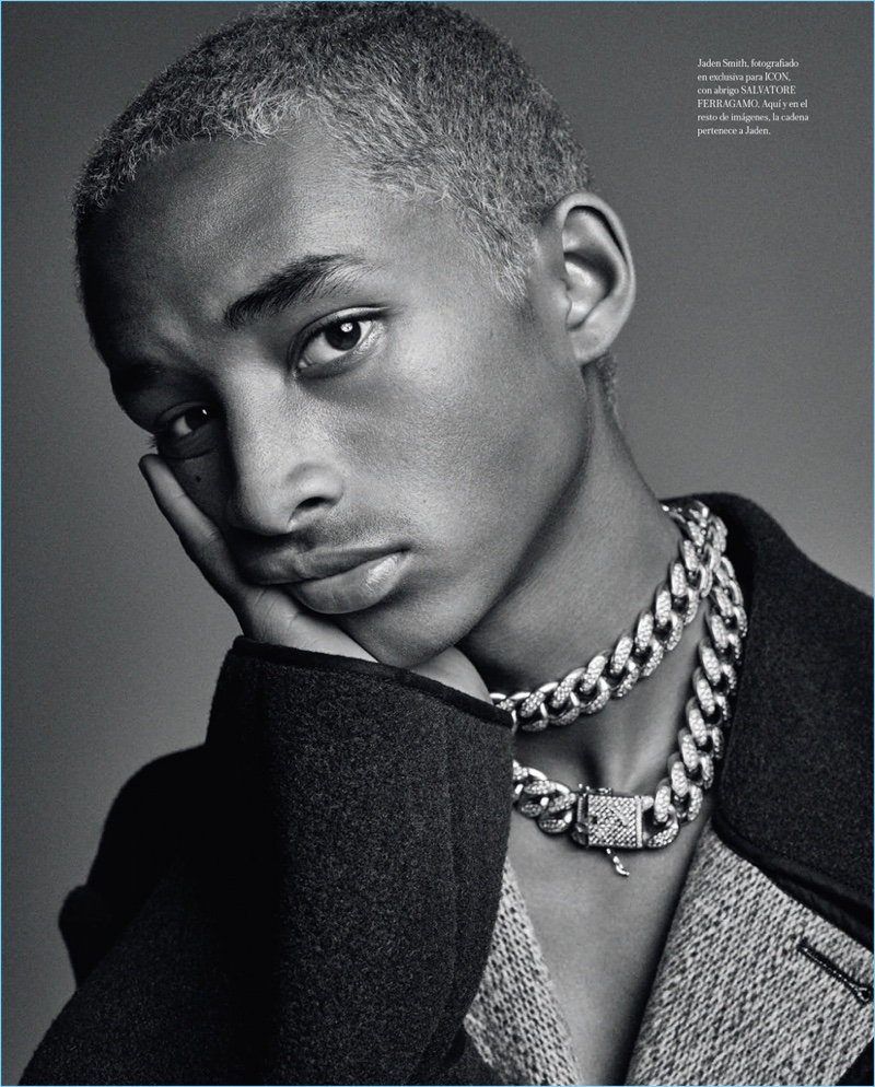 Connecting with Icon El País, Jaden Smith wears a Salvatore Ferragamo coat with his own jewelry. » Jaden Smith Rocks Check Prints for Icon El País Cover Story Connecting with Icon El País, Jaden Smith wears a Salvatore Ferragamo coat with his own jewelry.