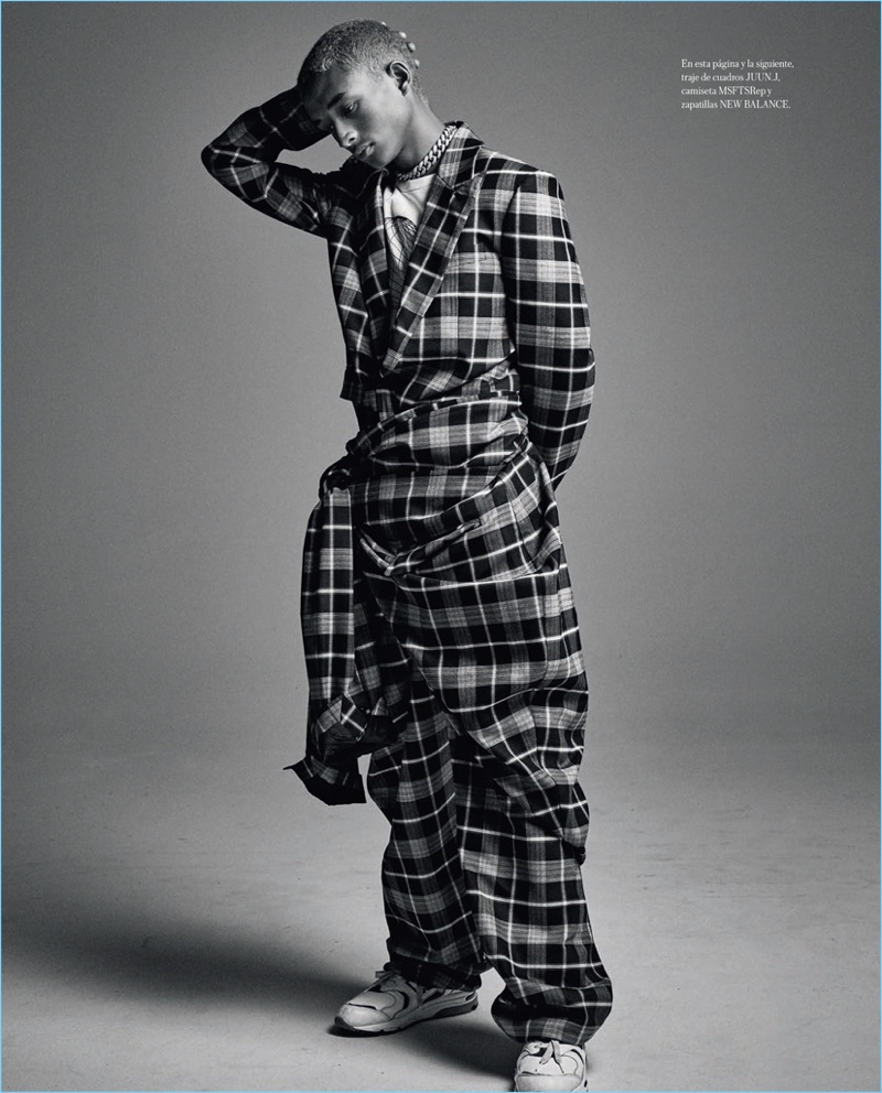Front and center, Jaden Smith wears a JUUN.J suit, MSFTSrep shirt, and New Balance shoes. » Jaden Smith Rocks Check Prints for Icon El País Cover Story Front and center, Jaden Smith wears a JUUN.J suit, MSFTSrep shirt, and New Balance shoes.