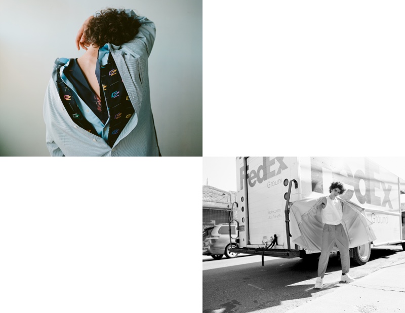 Left: Kobe wears shirts GREI. Right: Kobe wears top Feng Chan Wang, pants Gustav von Aschenbach, coat MUKZIN, and shoes JUUN.J.