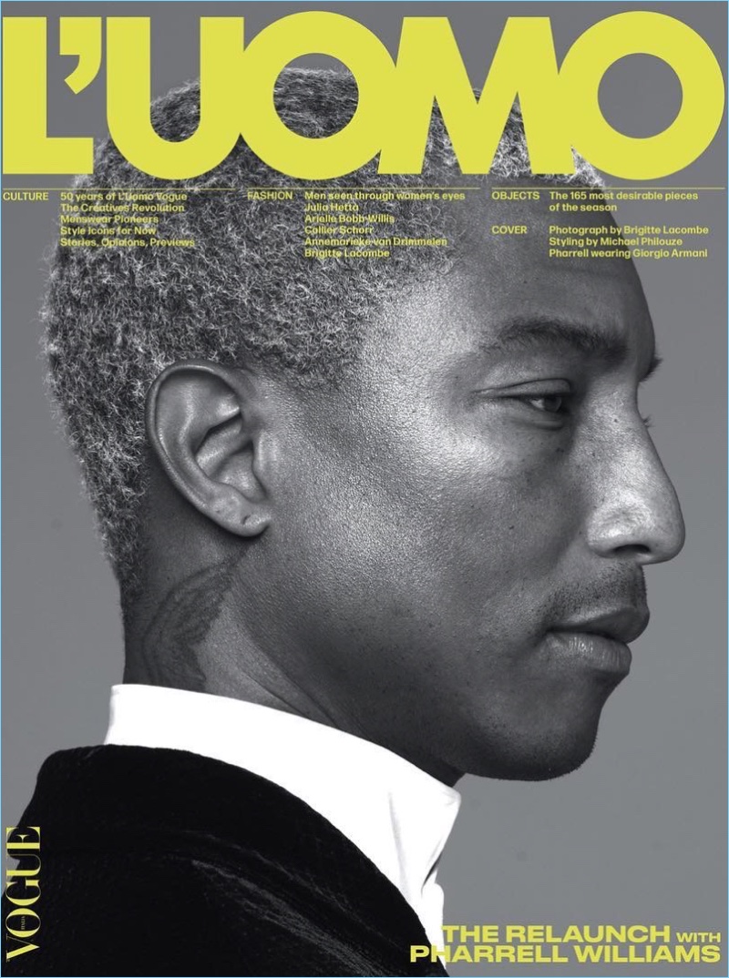 Pharrell Williams covers L'Uomo Vogue in Giorgio Armani. Delivering a side profile, Pharrell is photographed by Brigitte Lacombe with styling by Michael Philouze. » L'Uomo Vogue Relaunches: See the Covers Pharrell Williams covers L'Uomo Vogue in Giorgio Armani. Delivering a side profile, Pharrell is photographed by Brigitte Lacombe with styling by Michael Philouze.