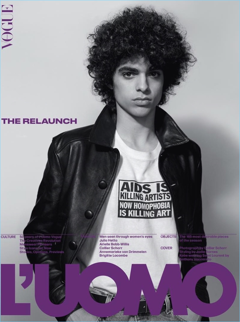 Kobe Delgado covers L'Uomo Vogue in Saint Laurent. He is photographed by Collier Schorr with styling by Jodie Barnes.