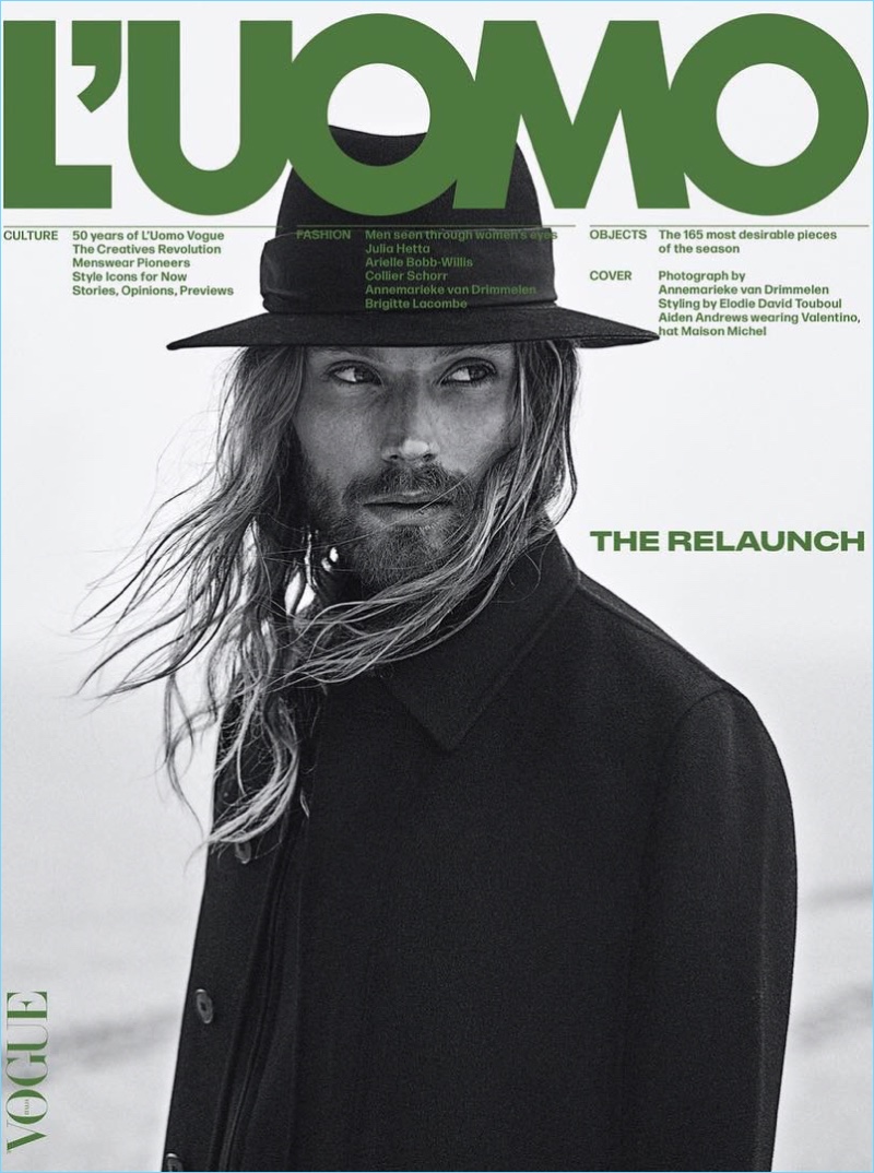 Aiden Andrews covers L'Uomo Vogue in Valentino. Annemarieke Van Drimmelen photographs the New Zealander model with styling by Elodie David.