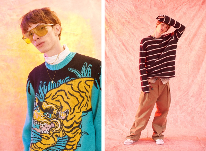 Left: Lucas wears all clothes Gucci. Right: Lucas wears all clothes Calvin Klein and necklace stylist's own.