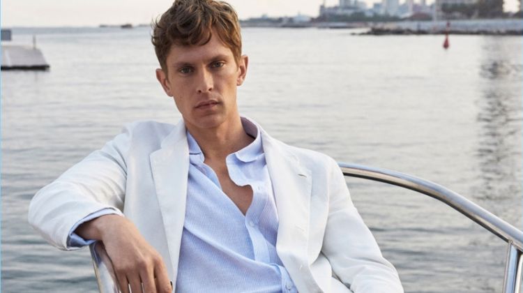 Front and center, Mathias Lauridsen wears nautical-inspired fashions from Massimo Dutti.