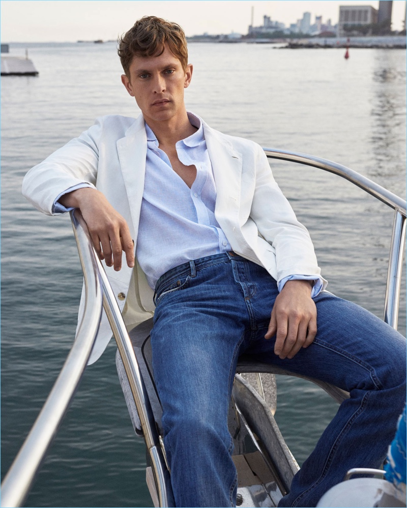 Front and center, Mathias Lauridsen wears nautical-inspired fashions from Massimo Dutti.