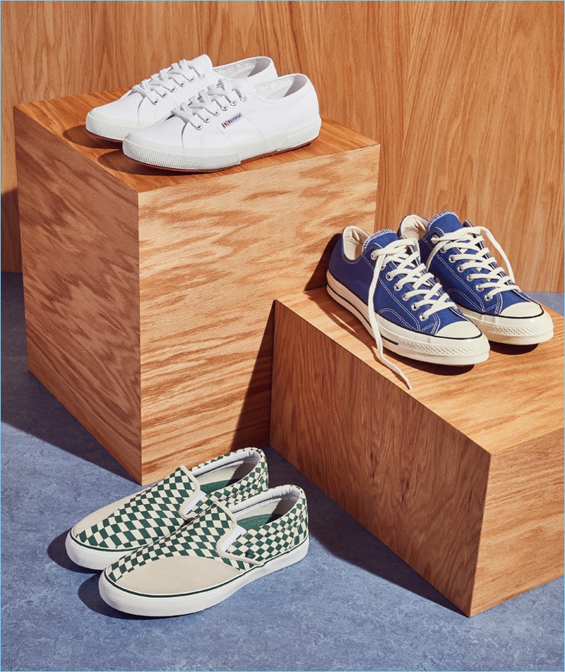 Summer Sneakers (Top to Bottom): Clear Weather Dodds slip-on sneakers, Superga 2750 Cotu classic sneakers, and Converse Chuck 70 low top sneakers.