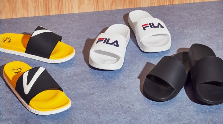 Summer Sandals (Left to Right): Tretorn x Andre 3000 Benjamin slides, Fila Drifter slide sandals, and Vince Westcoast slide sandals.