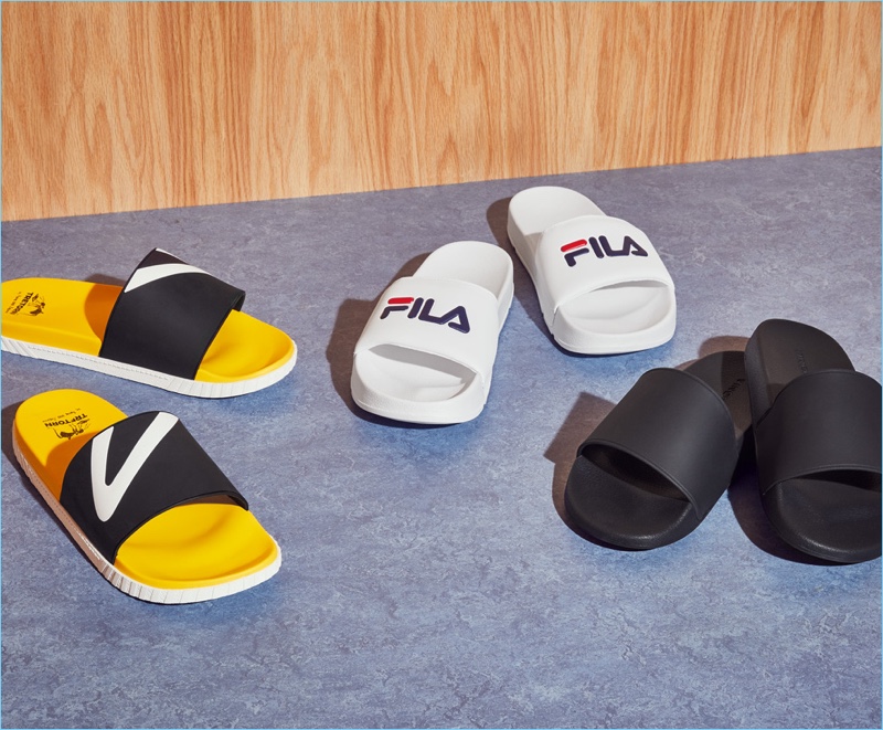 Summer Sandals (Left to Right): Tretorn x Andre 3000 Benjamin slides, Fila Drifter slide sandals, and Vince Westcoast slide sandals.