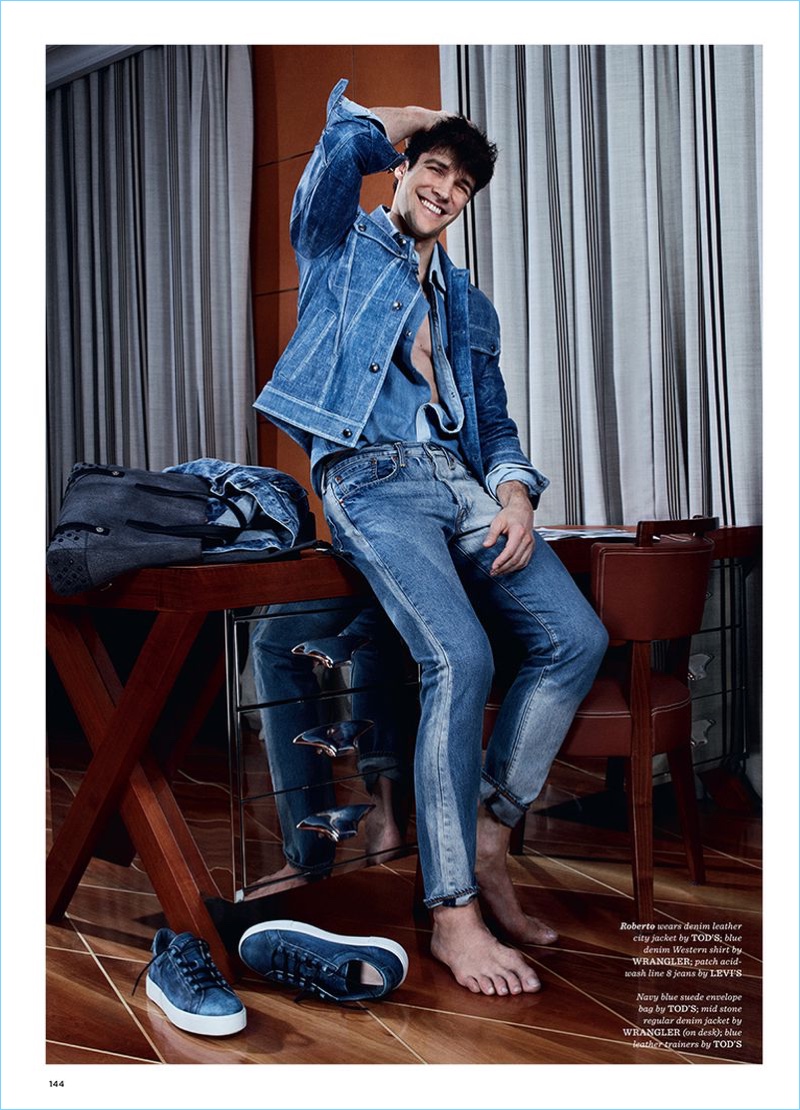 All smiles, Roberto Bolle stars in a denim feature for British GQ Style.