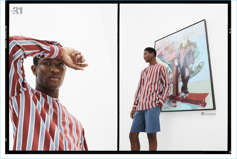 Making a case for stripes, Hamid Onifade models a retro-stripe shirt and Bermuda shorts by LE 31.