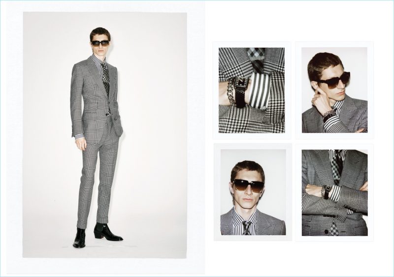 Henry Kitcher dons a houndstooth suit from Tom Ford's spring-summer 2019 collection.