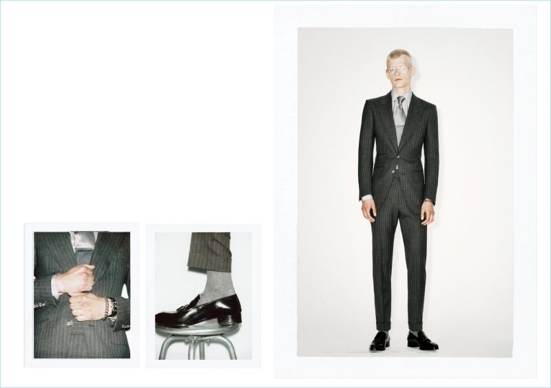 Davey Oldenburg models a grey pinstripe suit from Tom Ford's spring-summer 2019 collection.