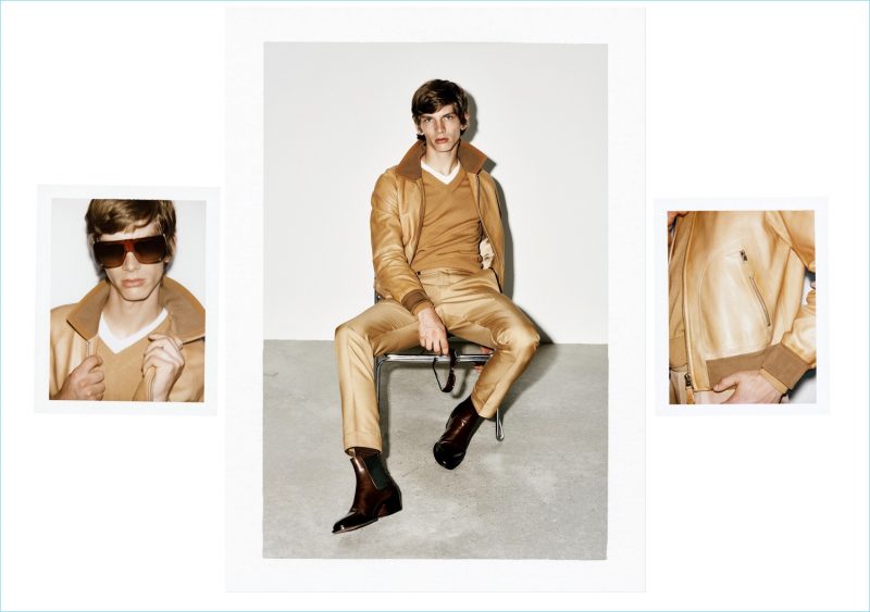 Erik van Gils wears a caramel toned fashions from Tom Ford's spring-summer 2019 collection.