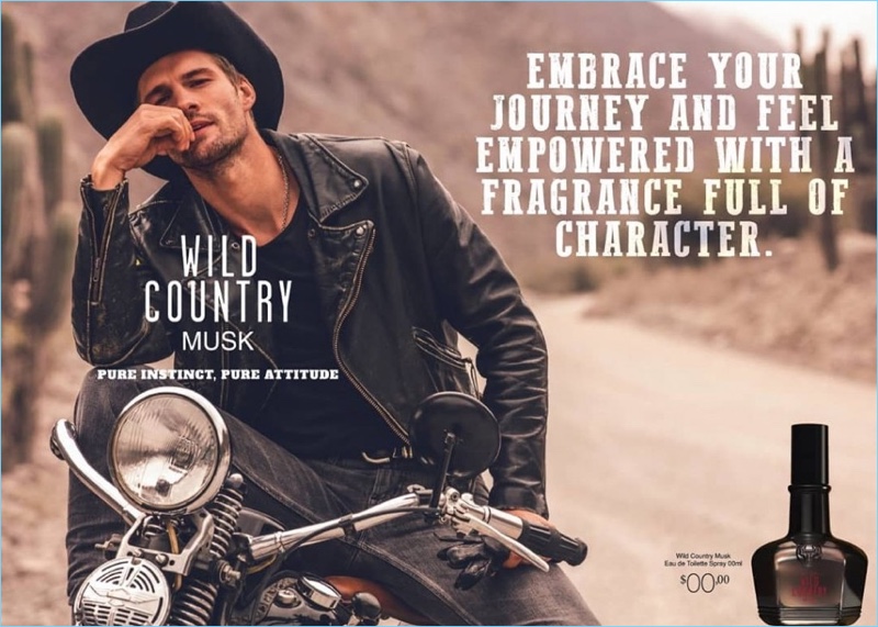 Sitting on the back of a motorcycle, Tomas Skoloudik stars in Avon's Wild Country campaign.
