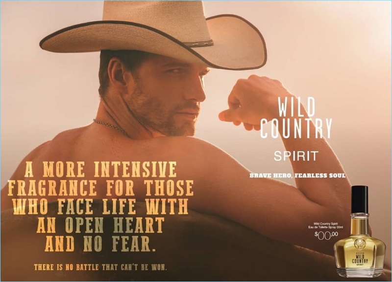 Tomas Skoloudik dons a cowboy hat for Avon's Wild Country fragrance campaign.