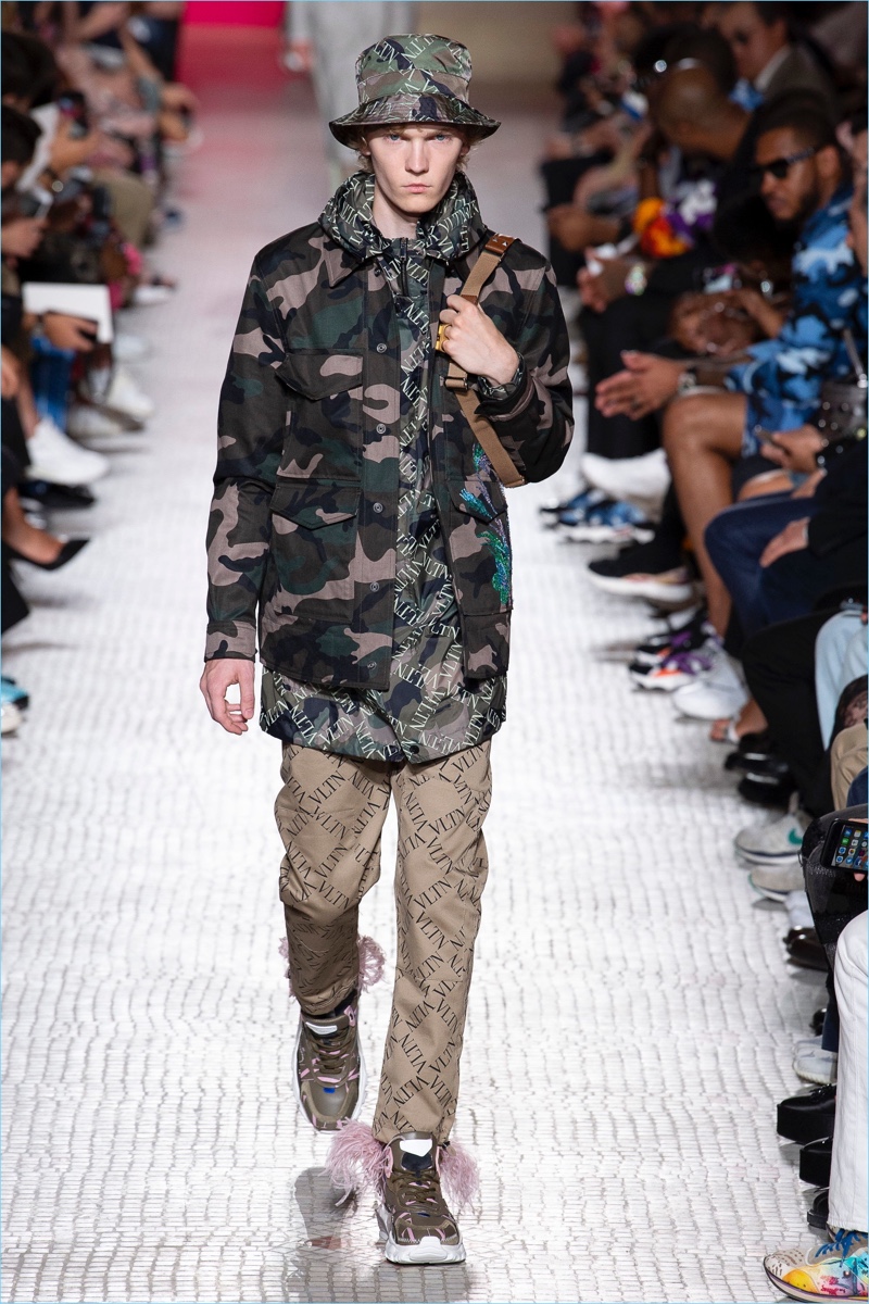 Valentino turns out a camouflage print as part of its spring-summer 2019 men's collection. The fashion house showcased the piece during Paris Fashion Week.