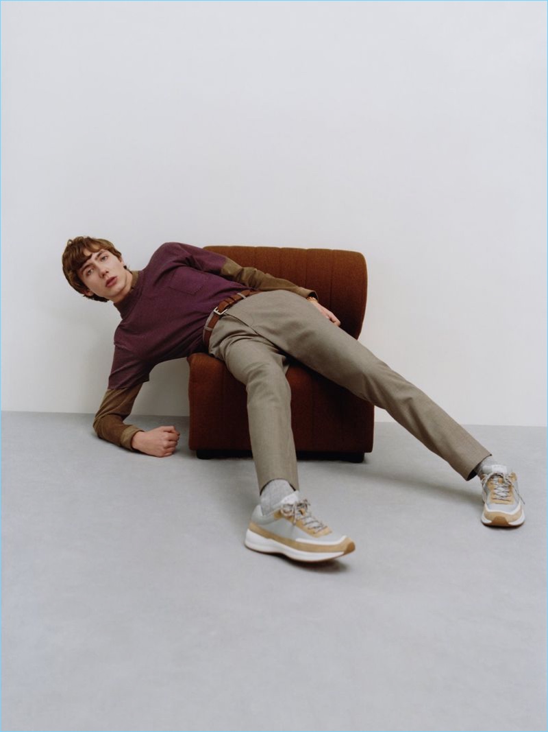 Hitting a quirky pose, Paul Hameline wears a fall-winter 2018 look by A.P.C.