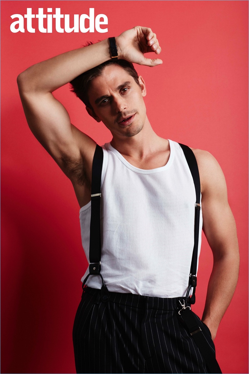 Antoni Porowski wears Moschino trousers and suspenders.