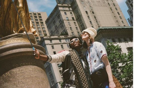 Barneys Showcases Gucci's Great Summer Tour Clad in Gucci, Matt Pitt and Morocco pose for a selfie.