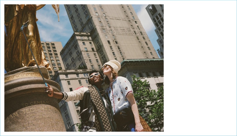 Clad in Gucci, Matt Pitt and Morocco pose for a selfie.