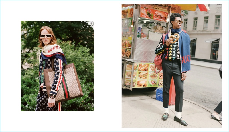 Left: On the go, Matt Pitt wears a Gucci tracksuit with accessories. Right: Morocco grabs a bite in Gucci.