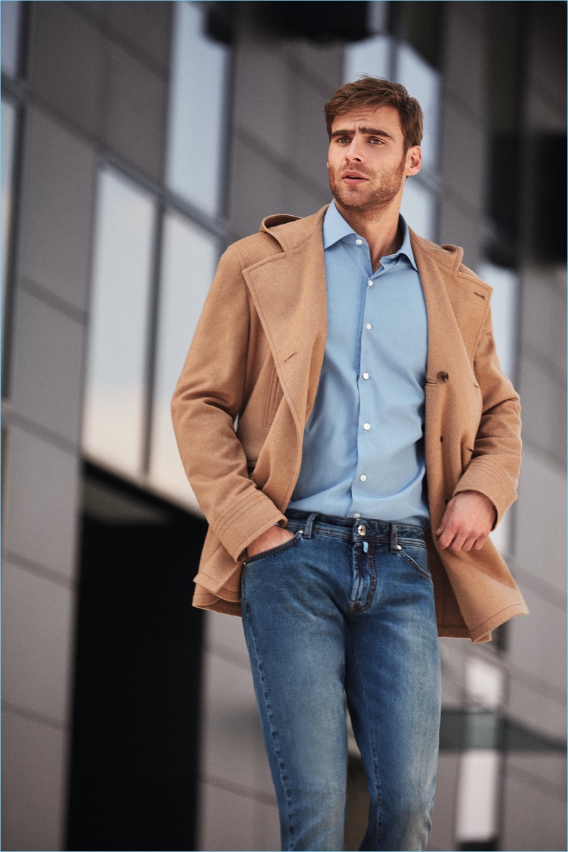 Embracing smart but contemporary style, George Alsford wears denim jeans with a dress shirt. » Edward Wilding & George Alsford Embrace Smart Fall '18 Style with Belvest Embracing smart but contemporary style, George Alsford wears denim jeans with a dress shirt.
