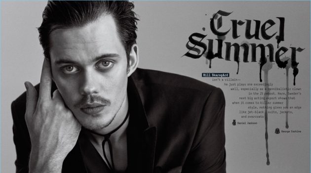 Cruel Summer: Bill Skarsgård Dons Dark Styles for GQ Bill Skarsgård wears a Giorgio Armani jacket and Berluti sweater.
