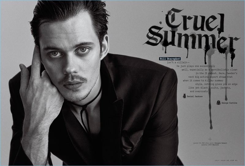 Bill Skarsgård wears a Giorgio Armani jacket and Berluti sweater. » Cruel Summer: Bill Skarsgård Dons Dark Styles for GQ Bill Skarsgård wears a Giorgio Armani jacket and Berluti sweater.