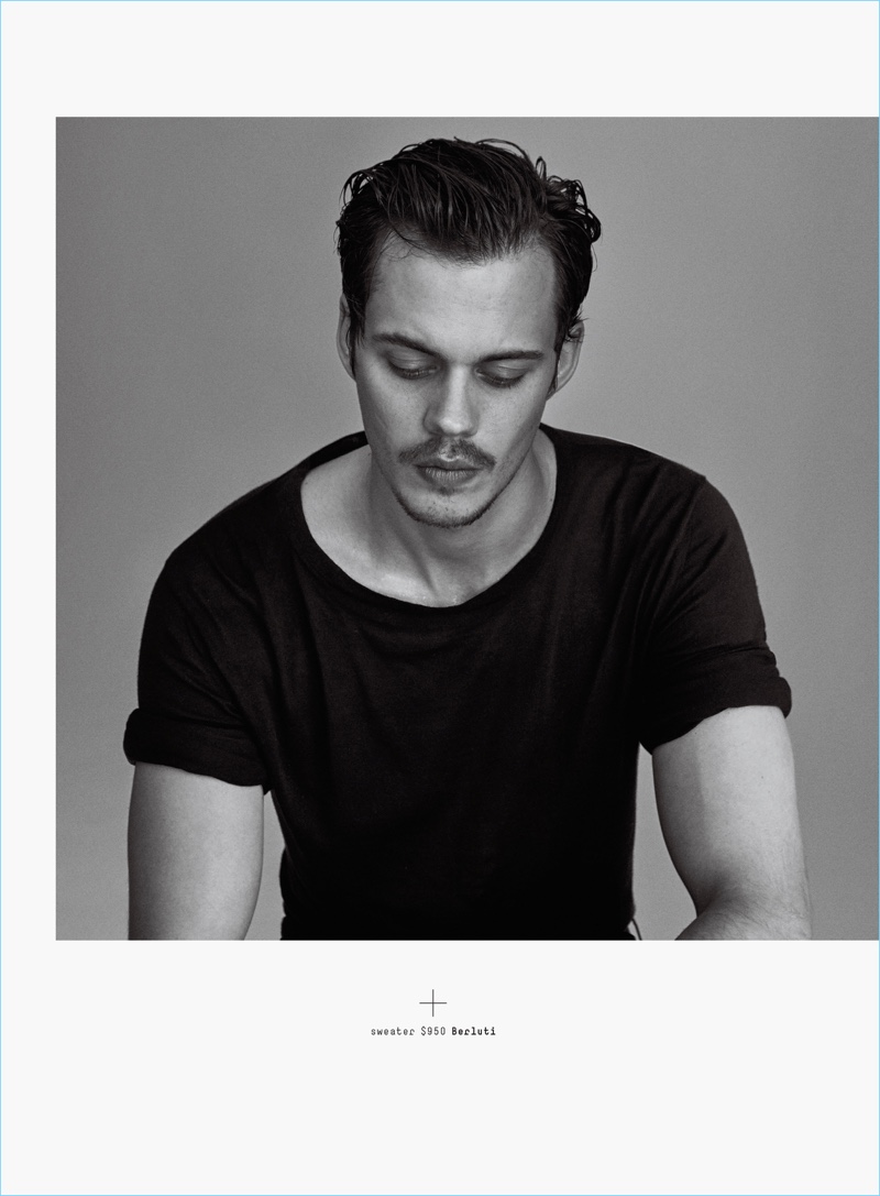 Contemplative, Bill Skarsgård sports a short-sleeve Berluti sweater. » Cruel Summer: Bill Skarsgård Dons Dark Styles for GQ Contemplative, Bill Skarsgård sports a short-sleeve Berluti sweater.