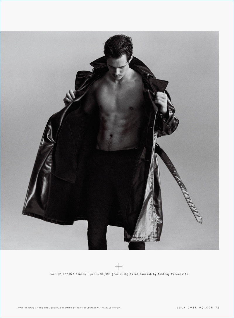 Actor Bill Skarsgård dons a Raf Simons coat and Saint Laurent trousers. » Cruel Summer: Bill Skarsgård Dons Dark Styles for GQ Actor Bill Skarsgård dons a Raf Simons coat and Saint Laurent trousers.