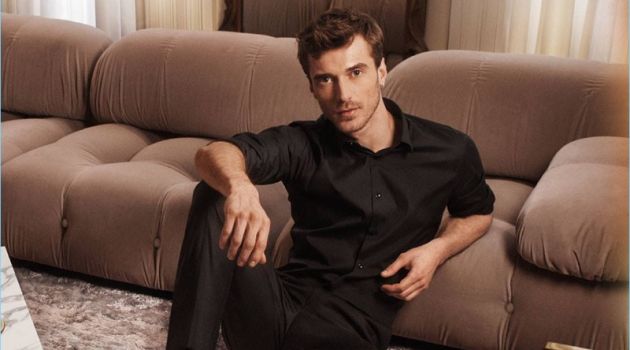 Clément Chabernaud Dons New Styles for Jimmy Choo Fall '18 Campaign Clément Chabernaud wears Jimmy Choo's Stefan leather shoes for the brand's fall-winter 2018 campaign. The calf leather lace-up shoes feature a pearl trim.