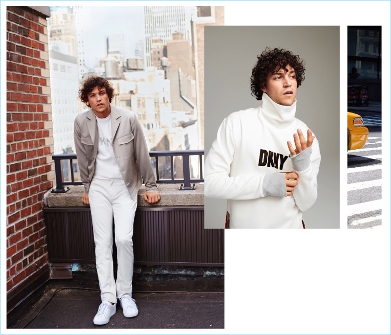 Embracing white looks, Miles McMillan wears DKNY.