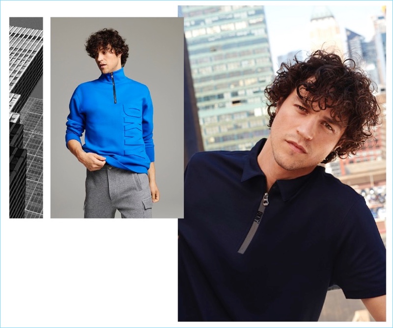 DKNY makes a logo play with its fall-winter 2018 collection. Here, Miles McMillan wears a half-zip pullover and polo.