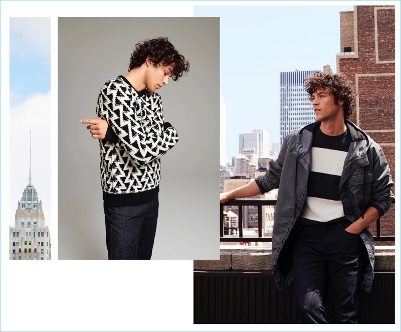 Making a graphic statement, Miles McMillan wears DKNY knitwear.