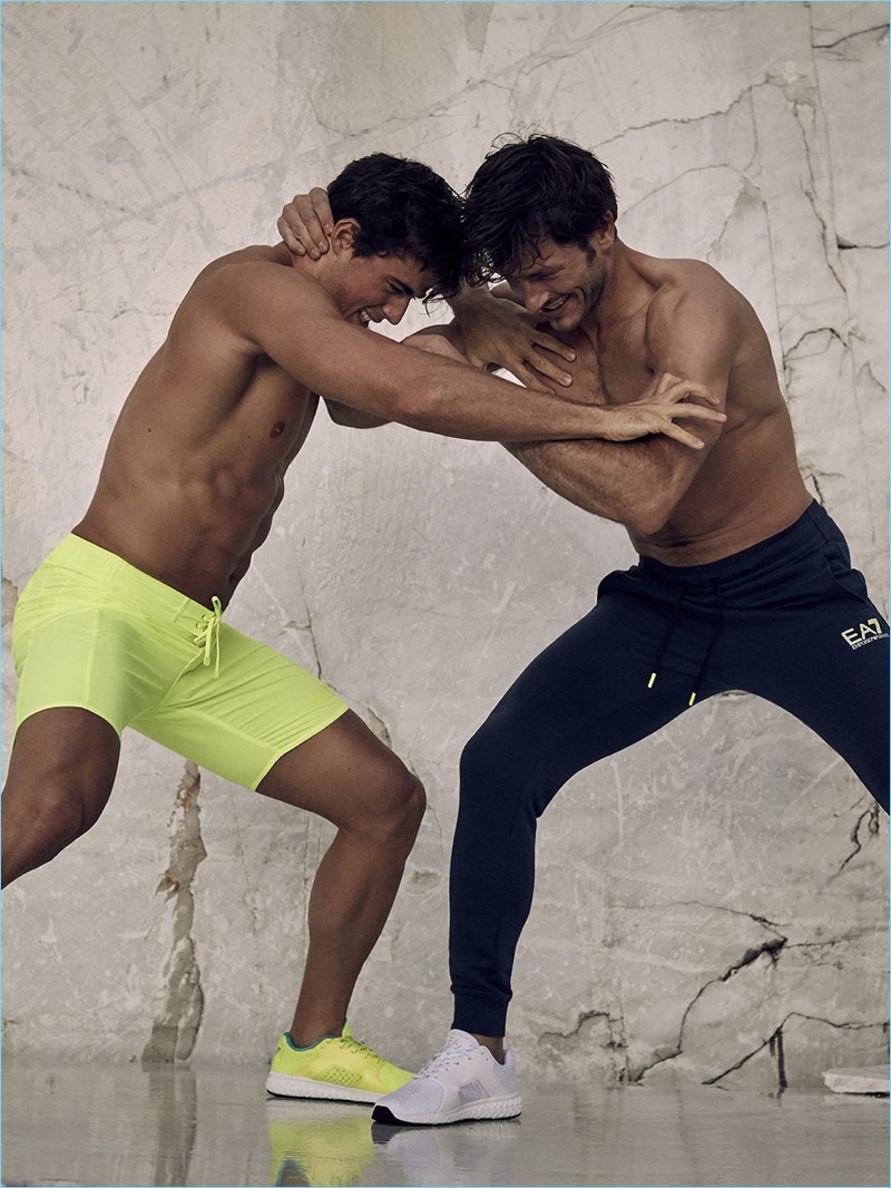 Models Pietro Boselli and Parker Gregory star in EA7's spring-summer 2018 campaign.