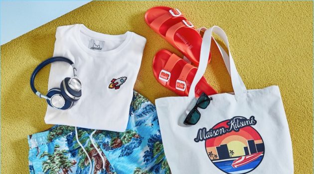 Shore Things: East Dane Curates Beach Bag Essentials For the Kind of Crunchy: Le Specs x Double Rainbouu sunglasses, Master & Dynamic wireless headphones, Bricktown tee, Birkenstock Arizona sandals, POLO Ralph Lauren swim trunks, and Maison Kitsune tote bag.