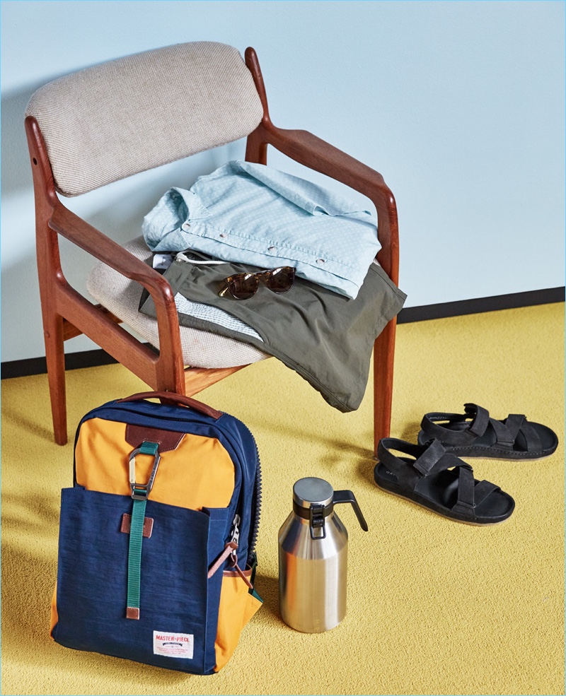 For the Outdoorsy Type: Mollusk shirt, MiiR insulated bottle, Solid & Striped board shorts, Clarks sandals, Raen polarized sunglasses, and Master-Piece Link backpack.