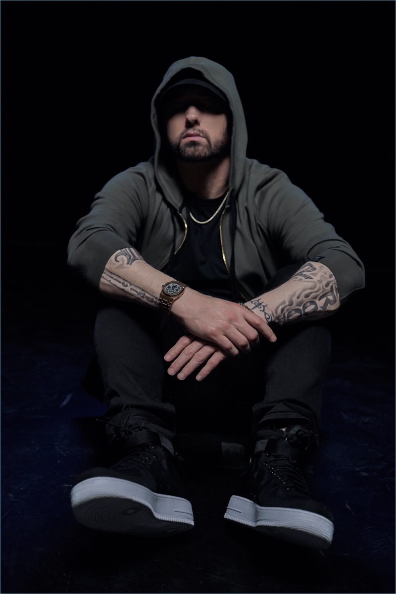 Rapper Eminem sports an Icon hoodie from his Rag & Bone collaboration.