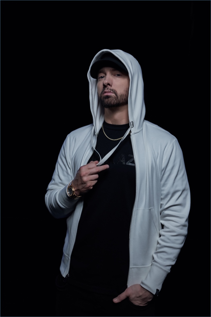 Eminem wears an Icon hoodie from his Rag & Bone collaboration.