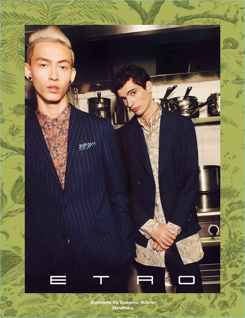 Models Simon Martyn and Piero Mendez appear in Etro's spring-summer 2018 campaign.