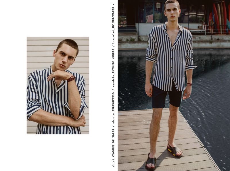 Eugen wears shirt Commune de Paris, shorts Springfield, sandals Antonio Marras, and bracelet NV Bracelets.