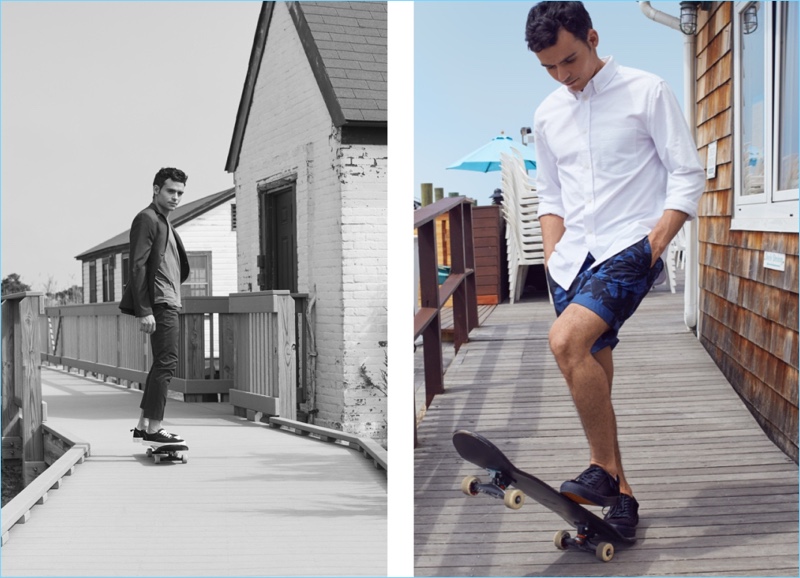 Left: Kilian Martin wears a H&M skinny fit blazer and suit pants with a tee and sneakers. Right: Martin sports a white oxford shirt, graphic chino shorts, and sneakers from H&M.