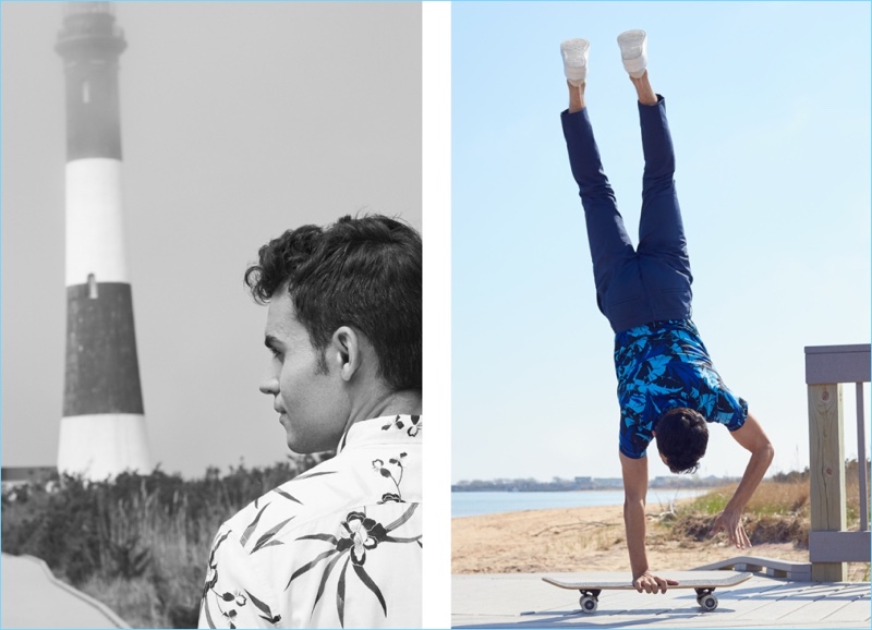 Left: Kilian Martin rocks H&M's resort shirt. Right: Martin wears a cotton t-shirt with skinny fit suit pants and white sneakers. 