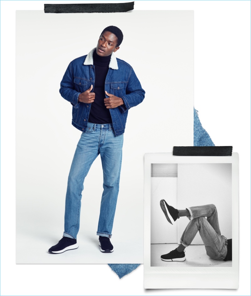 Straight Fit Jeans: Hamid Onifade wears H&M straight fit jeans with a turtleneck and denim jacket.