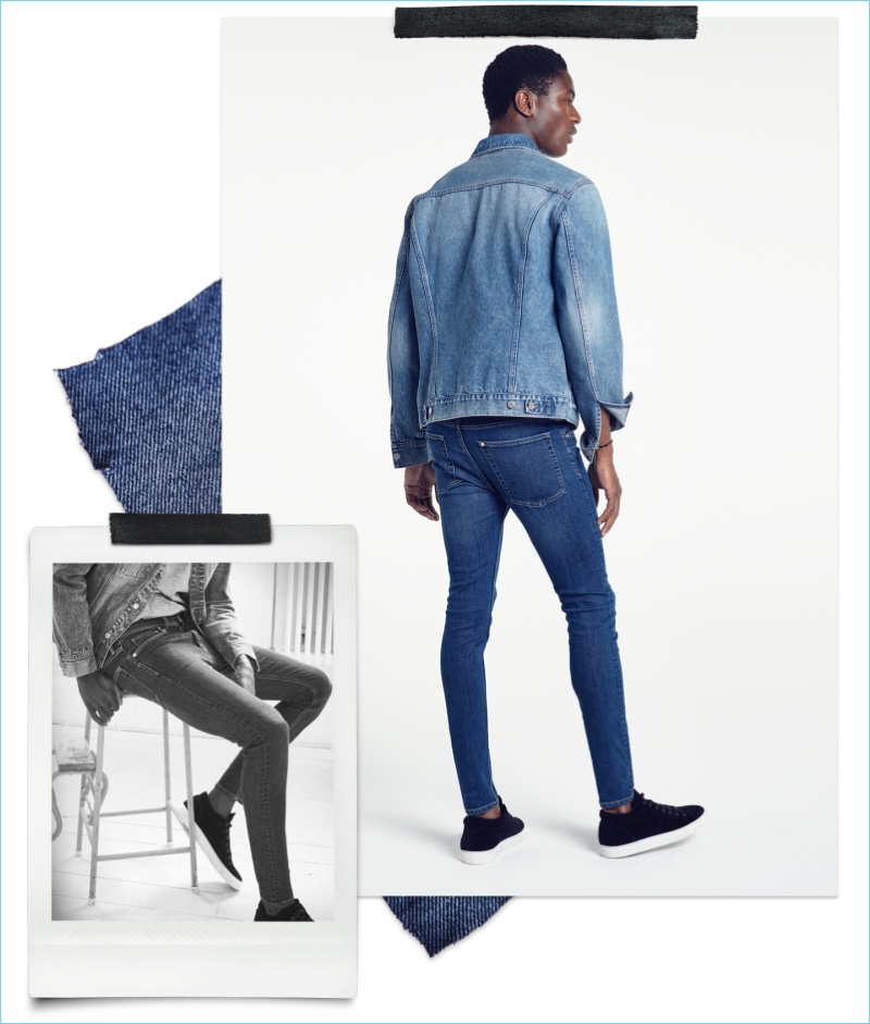 Super Skinny Fit Jeans: Hamid Onifade models H&M super skinny jeans with a denim jacket.