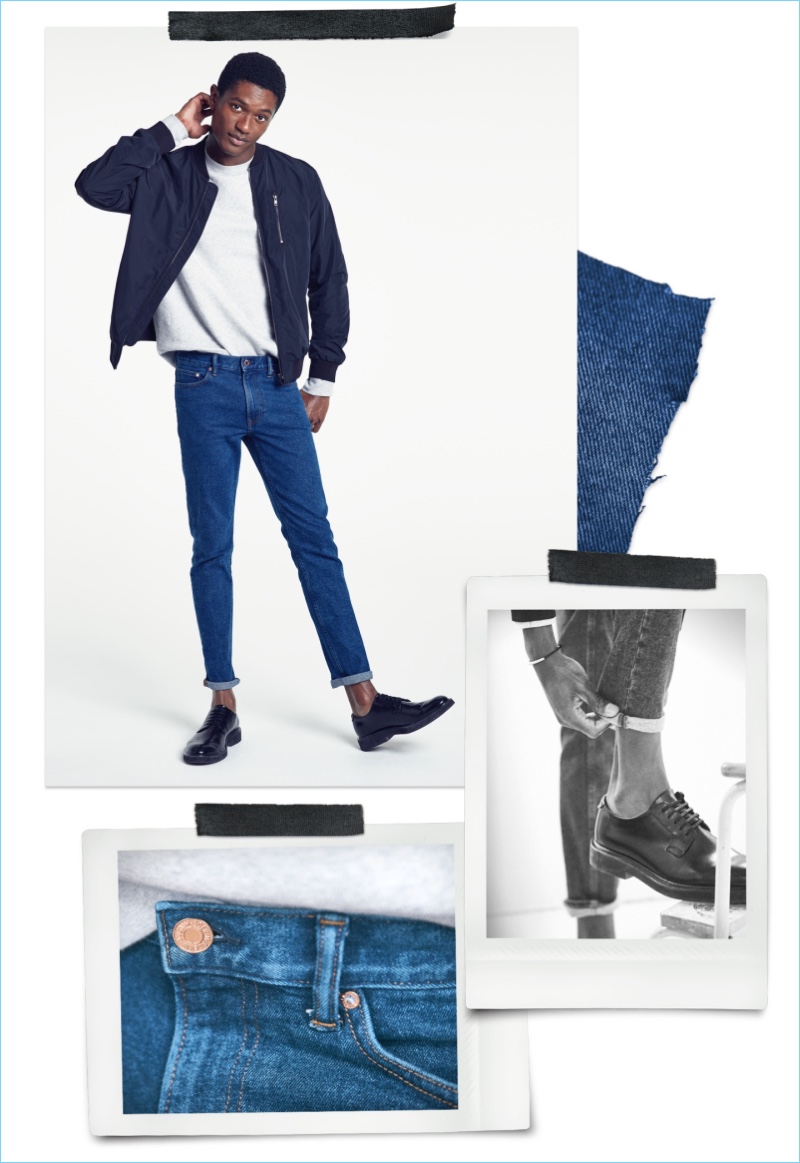 Slim Fit Jeans: Hamid Onifade sports H&M slim jeans with a pullover and bomber jacket.