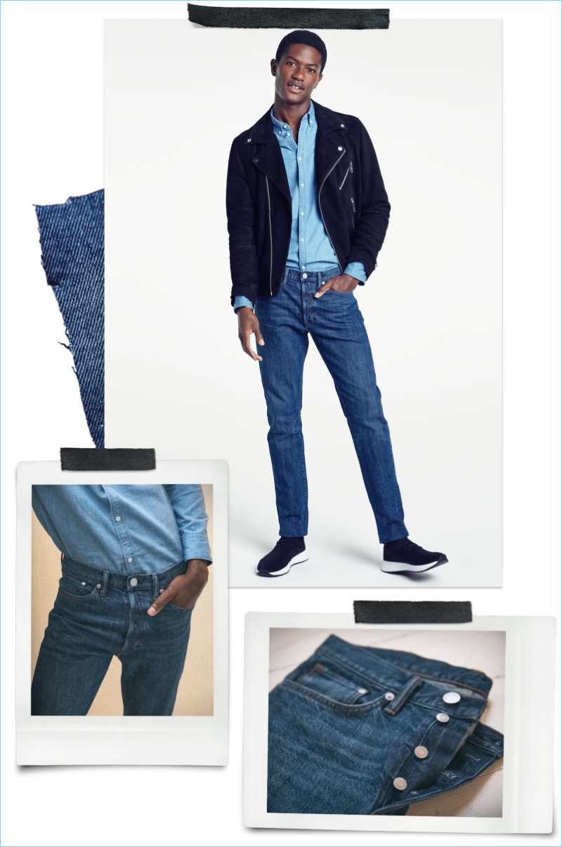 Slim Straight Fit Jeans: Hamid Onifade models H&M slim straight jeans with a denim shirt and biker jacket.