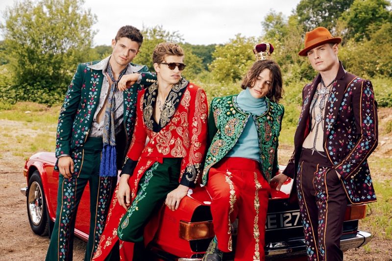 Models Jevan Williams, Toby Huntington-Whiteley, Liam Gardner, and Patrick O'Donnell wear Helen Anthony.