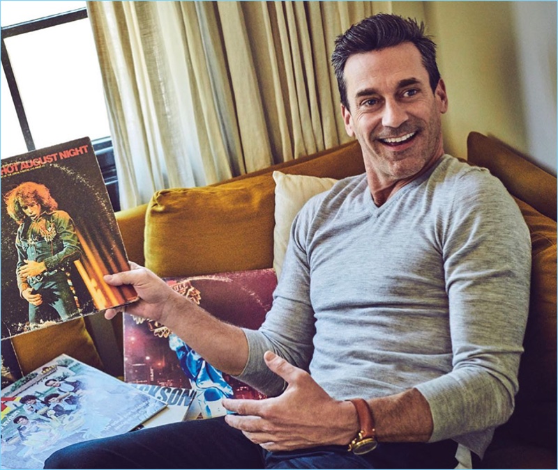 Relaxing, Jon Hamm wears the Montblanc 1858 Automatic Chronograph in bronze.